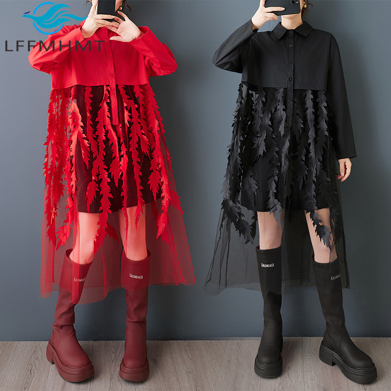Korean Style A Line Shirt Dress - 봄 신상 여성용 루즈핏 플로럴 프린트