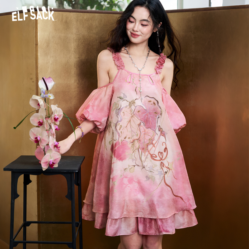 Off Shoulder Puff Sleeve Sundress - ELFSACK 여성용 타이다이 자카드 시폰 드레스,