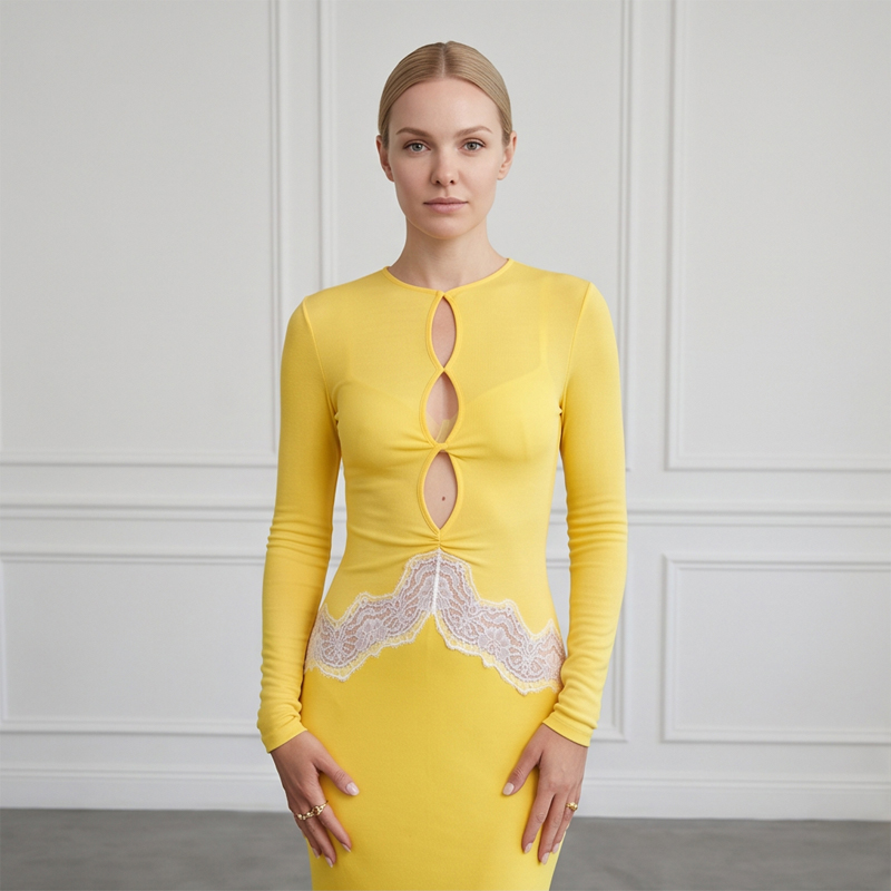 Bodycon Long Sleeve Ribbed Dress - 여성용 노란색 레이스 컷아웃 긴팔 맥시