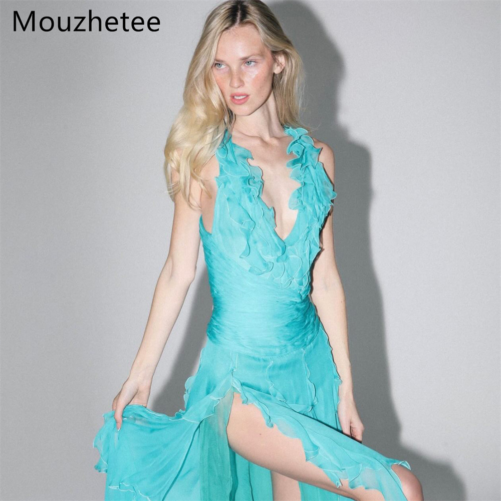 Elegant Satin Evening Gown Split - Mouzhetee 심플 A 라인 V 넥