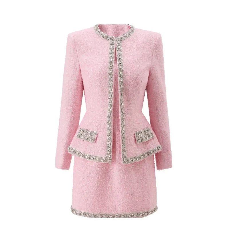 Tweed Two Piece Blazer Dress - 프리미엄 핑크 트위드 여성 투피스 의상,