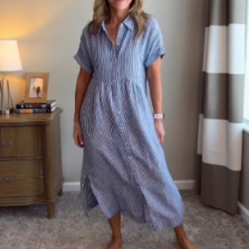 Casual Loose Linen Shirt Dress - 여성 스트라이프 셔츠 드레스 여름 루즈핏