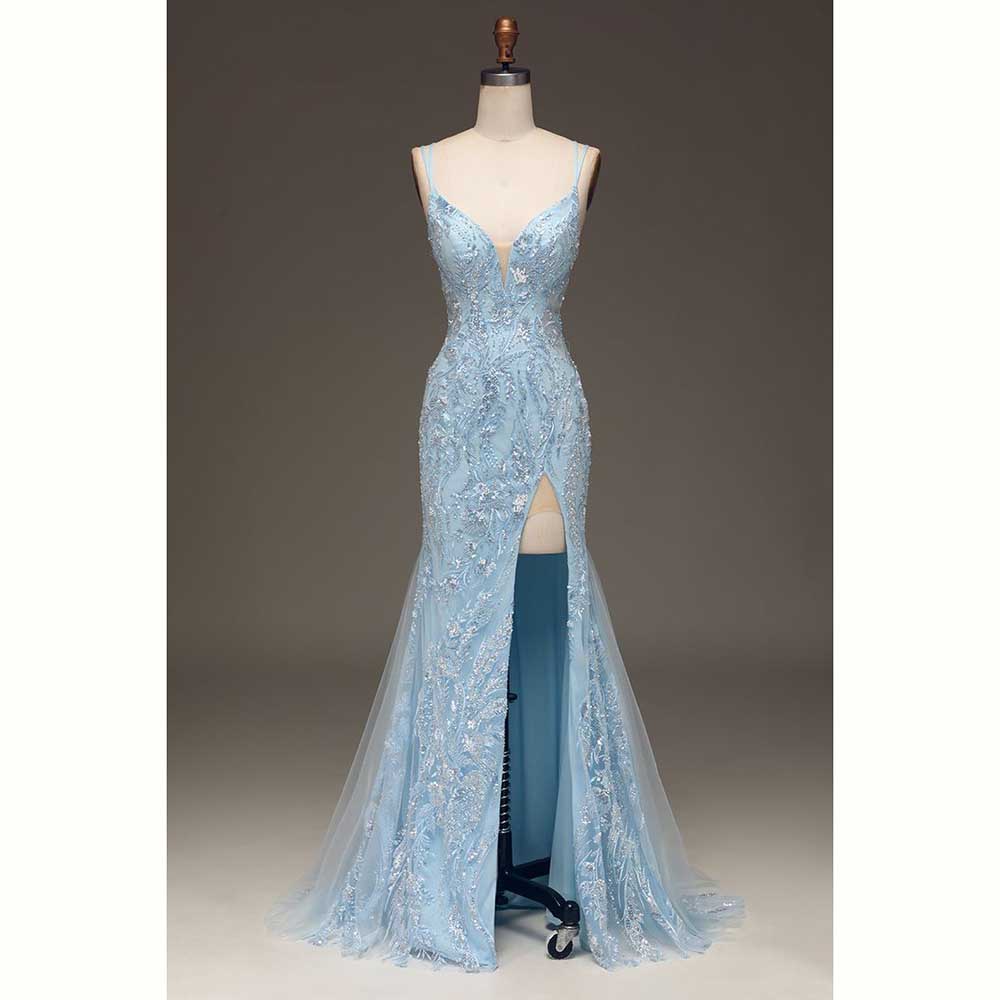 우아한 라이트 블루 새틴 여성 이브닝 파티 드레스 섹시 - Elegant Satin Evening Gown Split 리뷰 및 가격