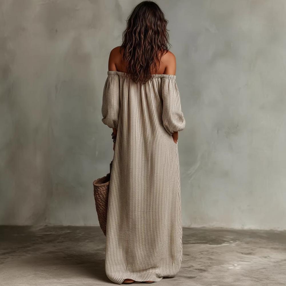 봄 여름 여성용 오프 숄더 맥시 드레스 스트라이프 퍼프 - Off Shoulder Puff Sleeve Sundress 리뷰 및 가격