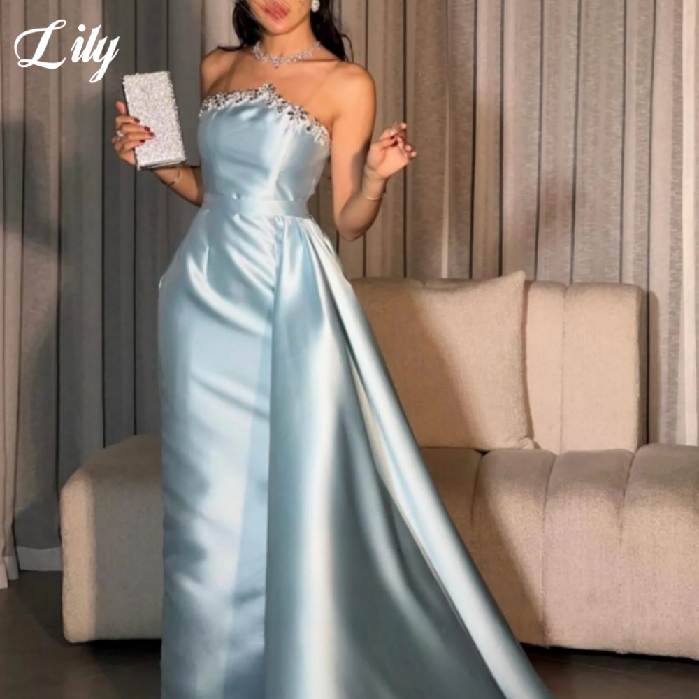 릴리 블루 우아한 정장 가운 반짝 이는 라인 석 백리스 - Elegant Satin Evening Gown Split 리뷰 및 가격