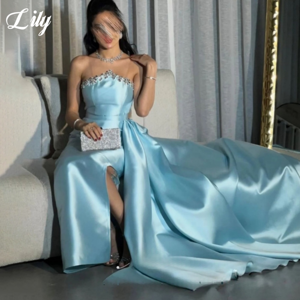 릴리 블루 우아한 정장 가운 반짝 이는 라인 석 백리스 - Elegant Satin Evening Gown Split 리뷰 및 가격