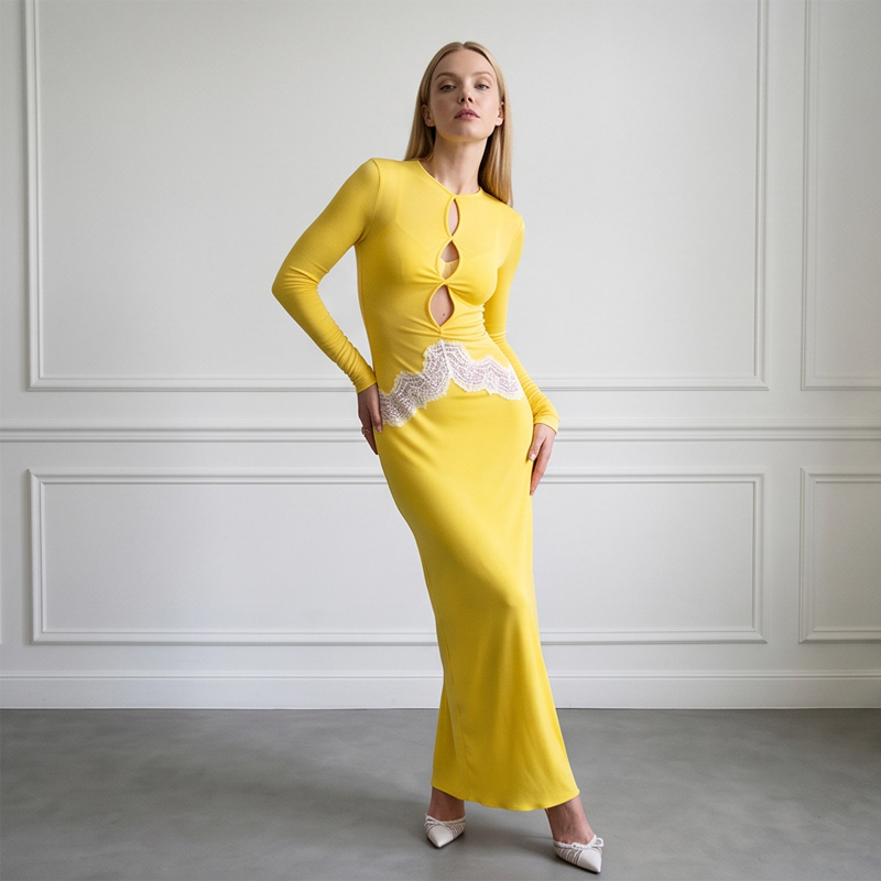 여성용 노란색 레이스 컷아웃 긴팔 맥시 드레스 시크한  - Bodycon Long Sleeve Ribbed Dress 리뷰 및 가격