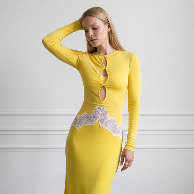 여성용 노란색 레이스 컷아웃 긴팔 맥시 드레스 시크한  - Bodycon Long Sleeve Ribbed Dress 리뷰 및 가격