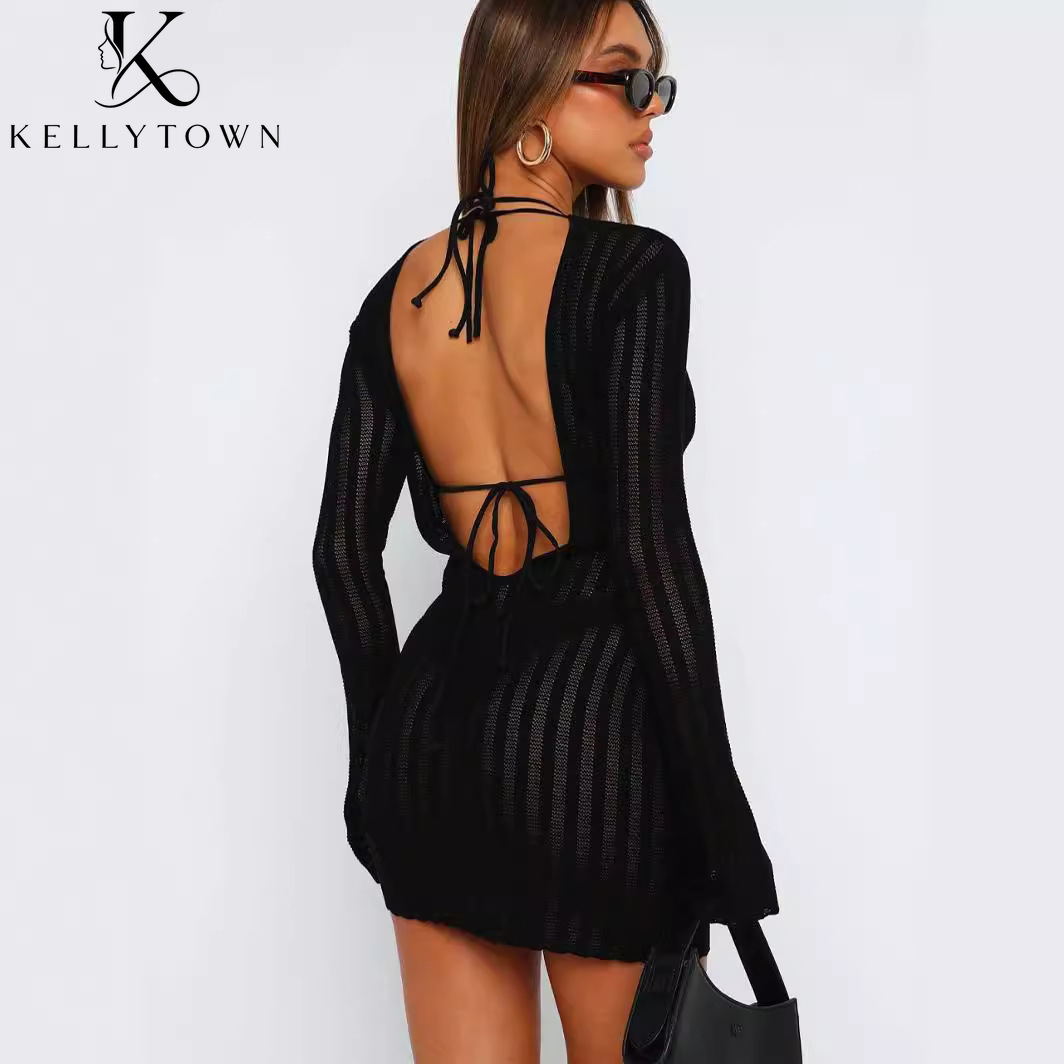 백리스 드레스 섹시한 골지 니트 미니 드레스 여성 가을 - Bodycon Long Sleeve Ribbed Dress 리뷰 및 가격