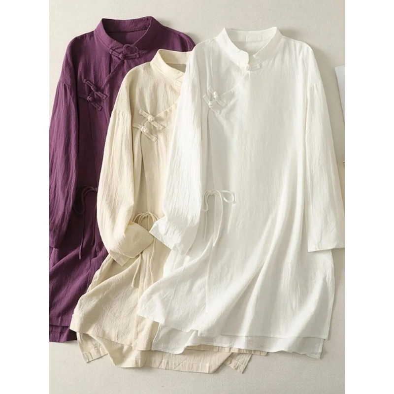 여성용 중국풍 개구리 단추 리넨 튜닉 드레스 스탠드 칼 - Casual Loose Linen Shirt Dress 리뷰 및 가격